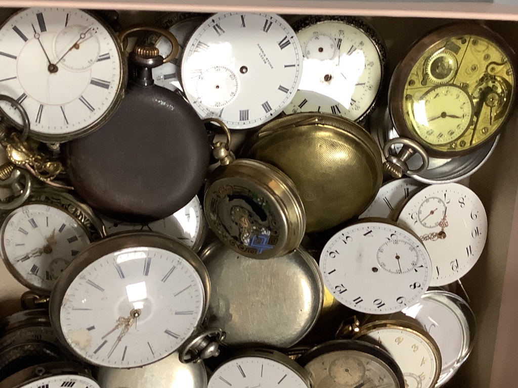 A collection of assorted base metal pocket watches and movements including Zenith & Longines, three Jules Jurgensen wrist watches movements and a similar Vacheron & Constantin movement (mainly a.f.)